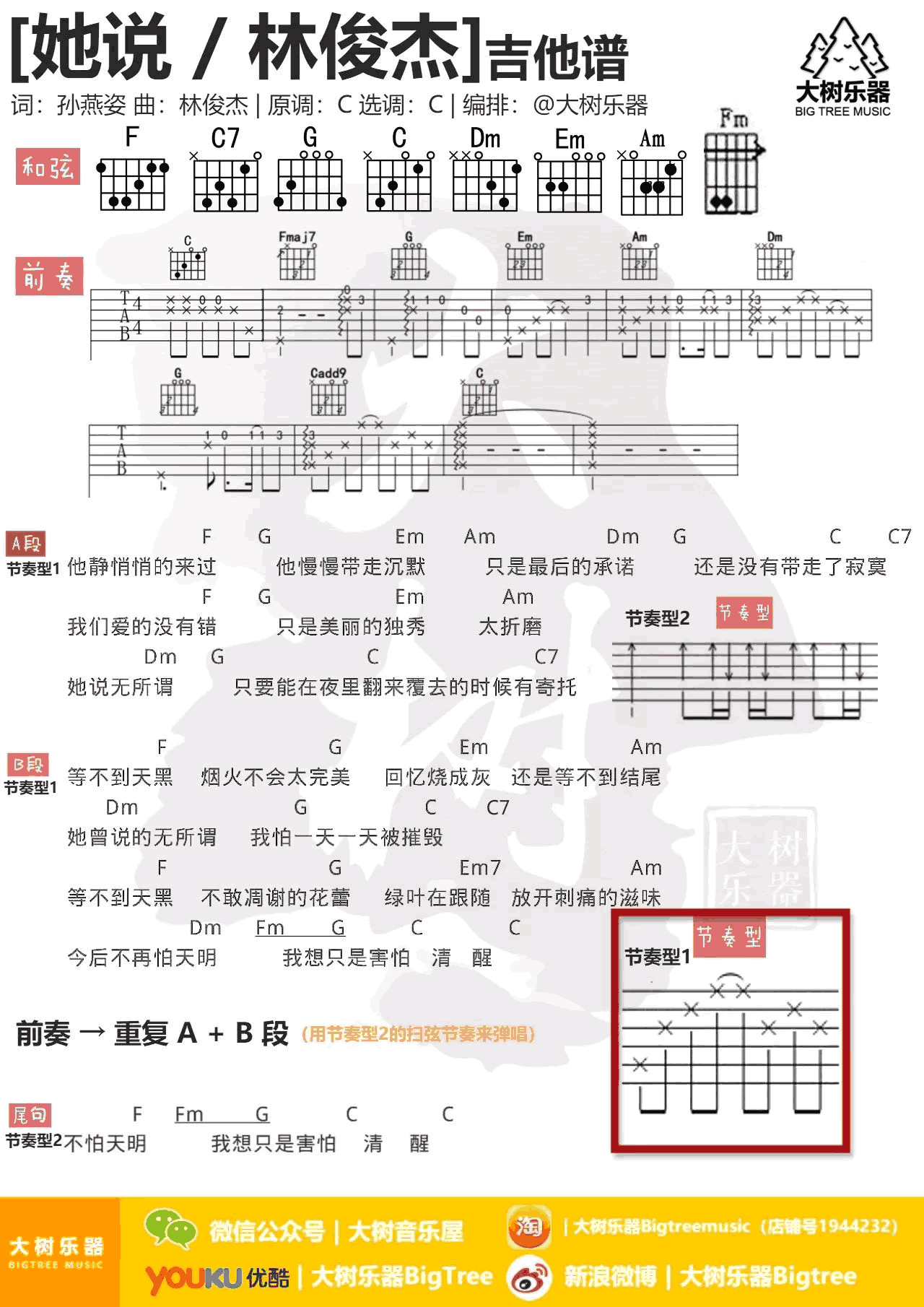 她说吉他谱,原版歌曲,简单_C调弹唱教学,六线谱指弹简谱_吉他演示+教学视频_C调_吉他图片谱1张图