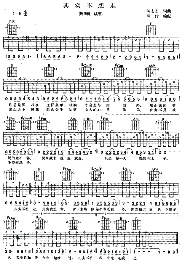 其实不想走吉他谱,原版歌曲,简单_图片弹唱教学,六线谱指弹简谱完整版_E调_吉他图片谱1张图