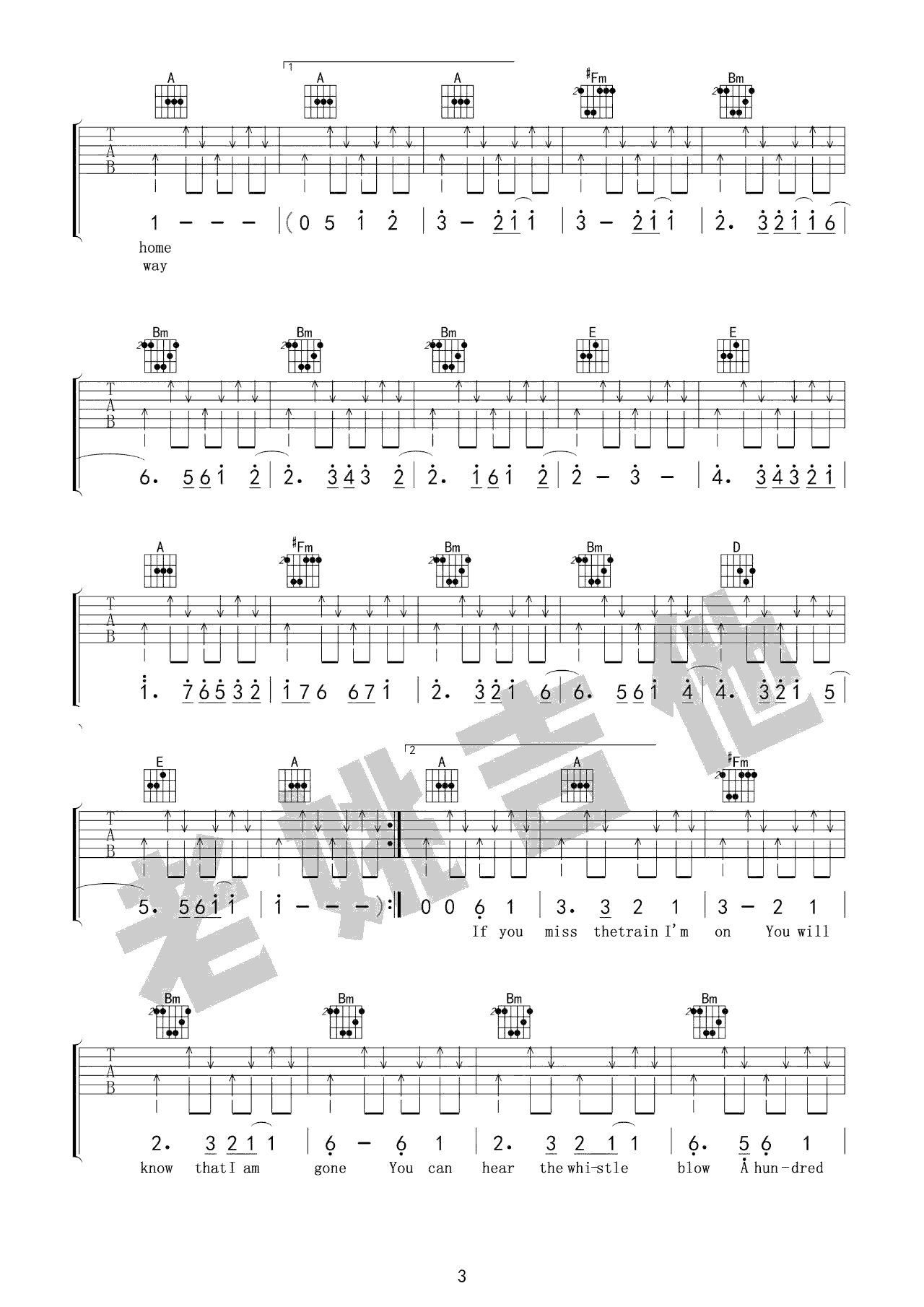 500Miles吉他谱,简单三张原版指弹曲谱,众星高清六线乐谱