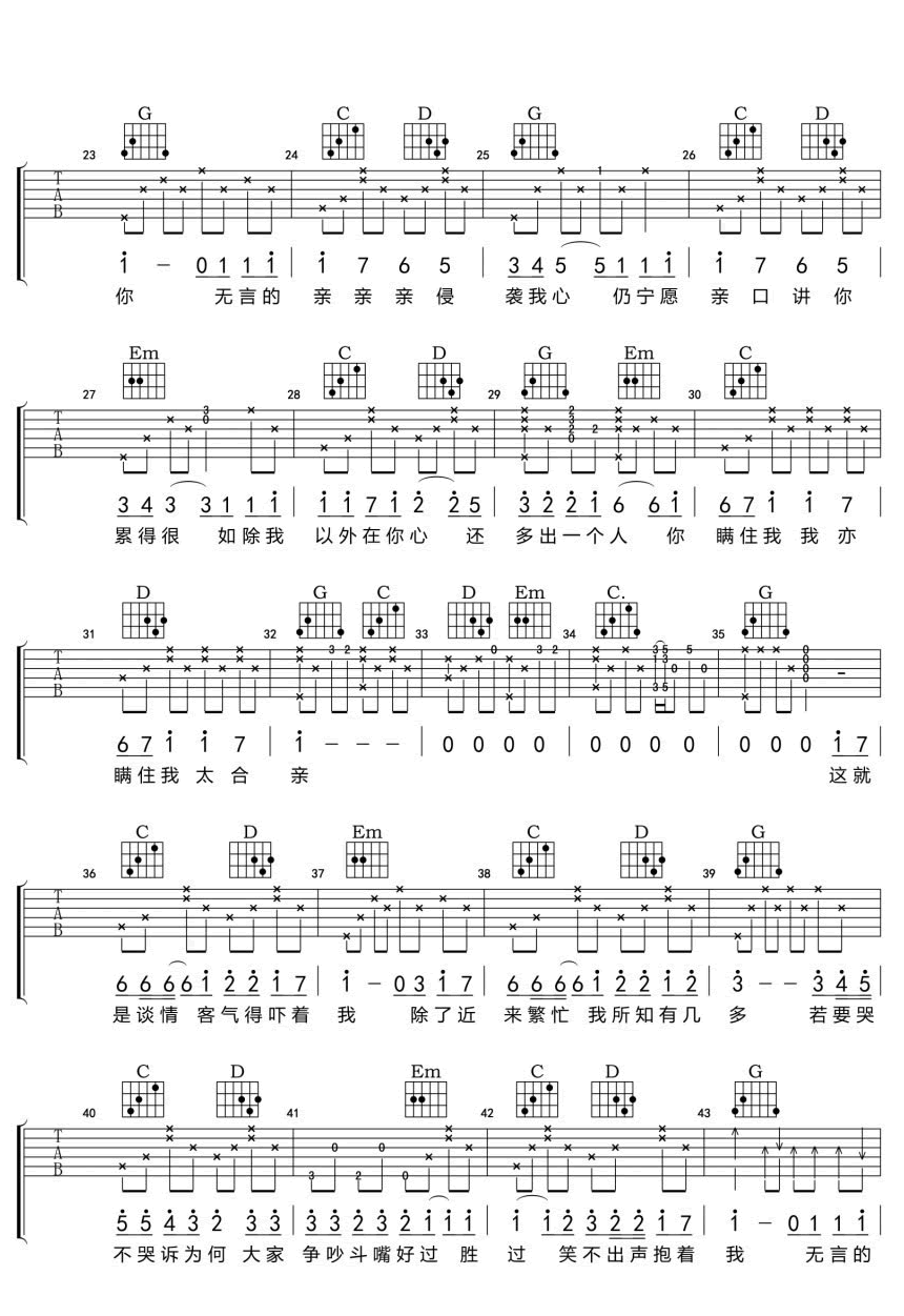 陈柏宇你瞒我瞒吉他谱,简单四张原版指弹曲谱,陈柏宇高清六线乐谱