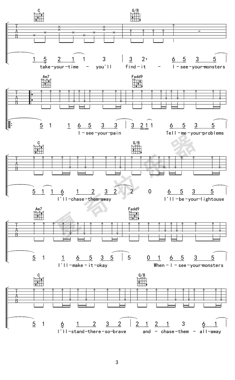 KatieSkyMonsters吉他谱,简单完整原版指弹曲谱,Katie Sky高清六线乐谱