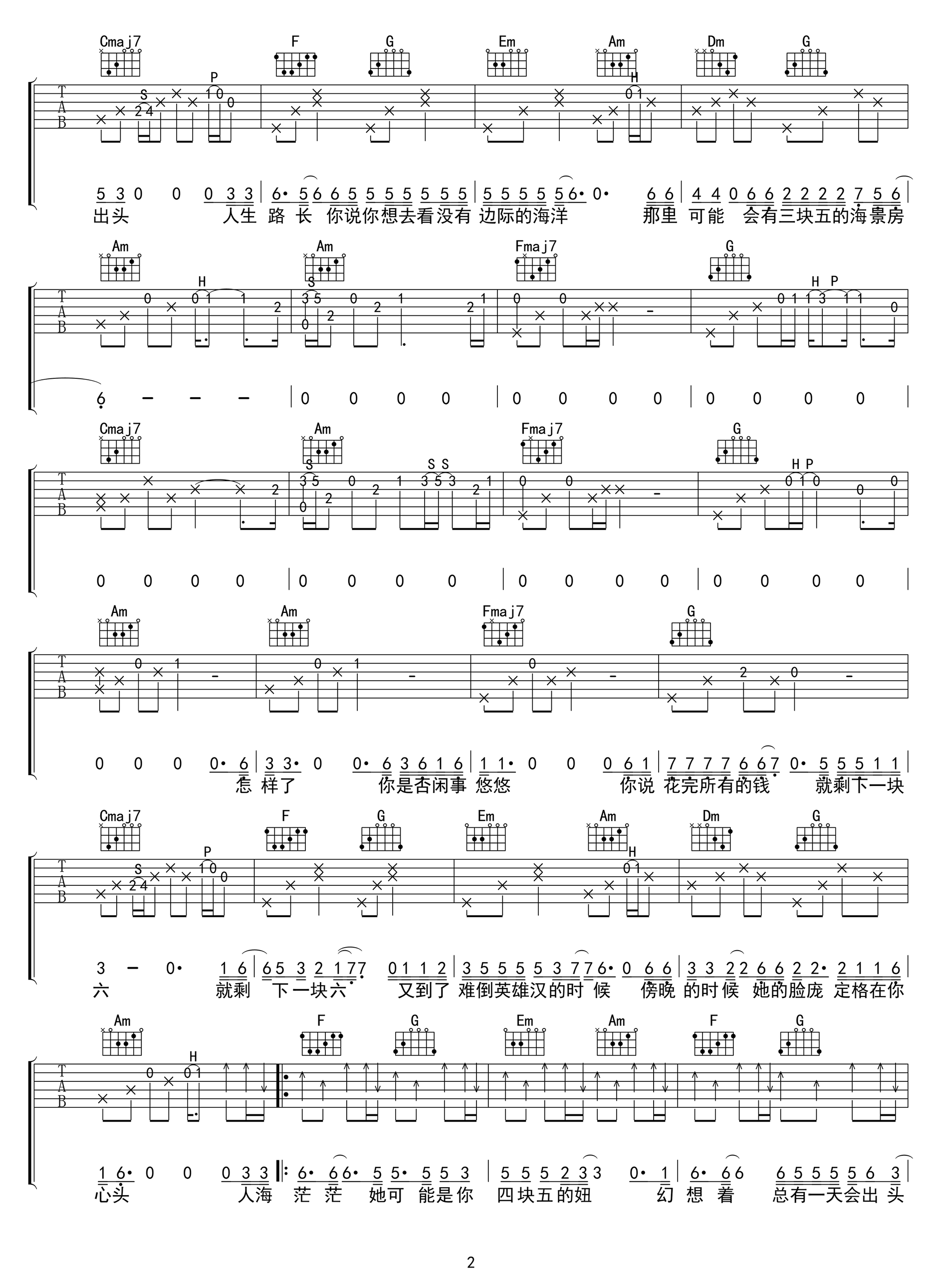 隔壁老樊四块五吉他谱,简单本曲原版指弹曲谱,隔壁老樊高清六线乐谱