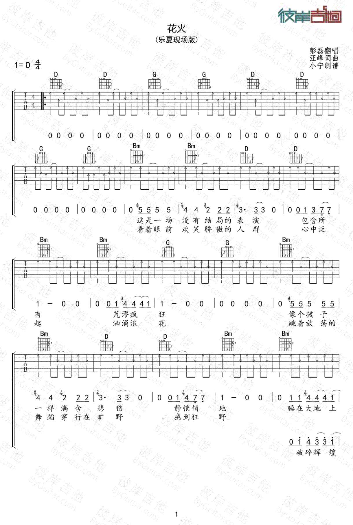 新裤子乐队花火吉他谱,简单D调原版指弹曲谱,新裤子乐队高清六线乐谱