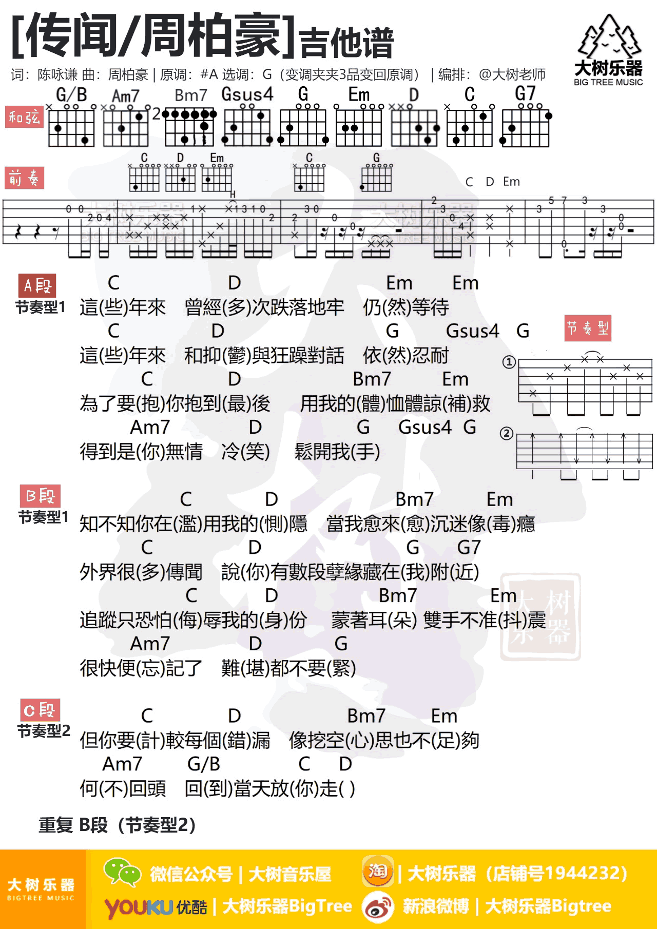 周柏豪传闻吉他谱,简单和弦原版指弹曲谱,周柏豪高清六线乐谱