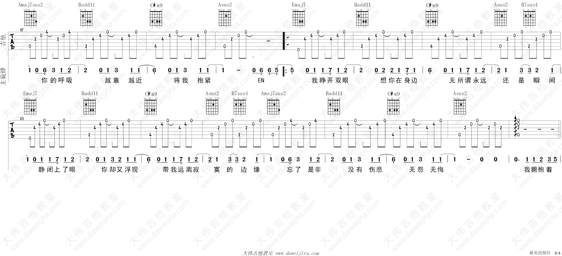 周笔畅最美的期待吉他谱,简单高清原版指弹曲谱,周笔畅高清六线乐谱