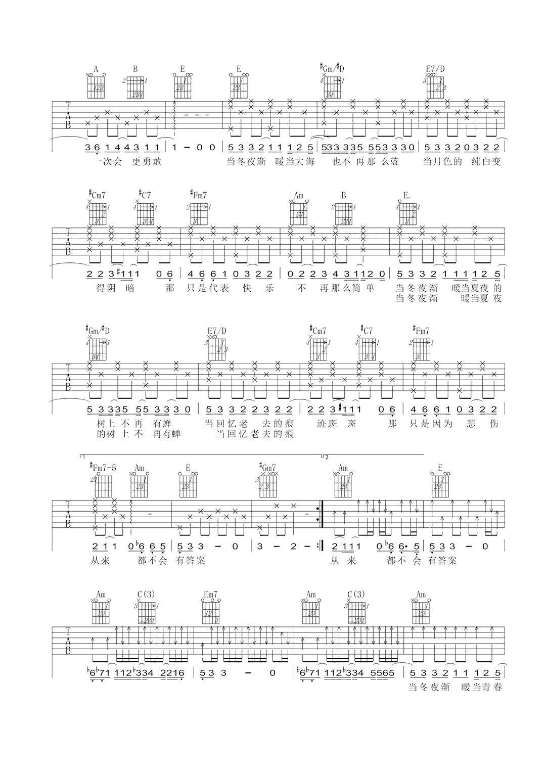 孙燕姿当冬夜渐暖吉他谱,简单三张原版指弹曲谱,孙燕姿高清六线乐谱