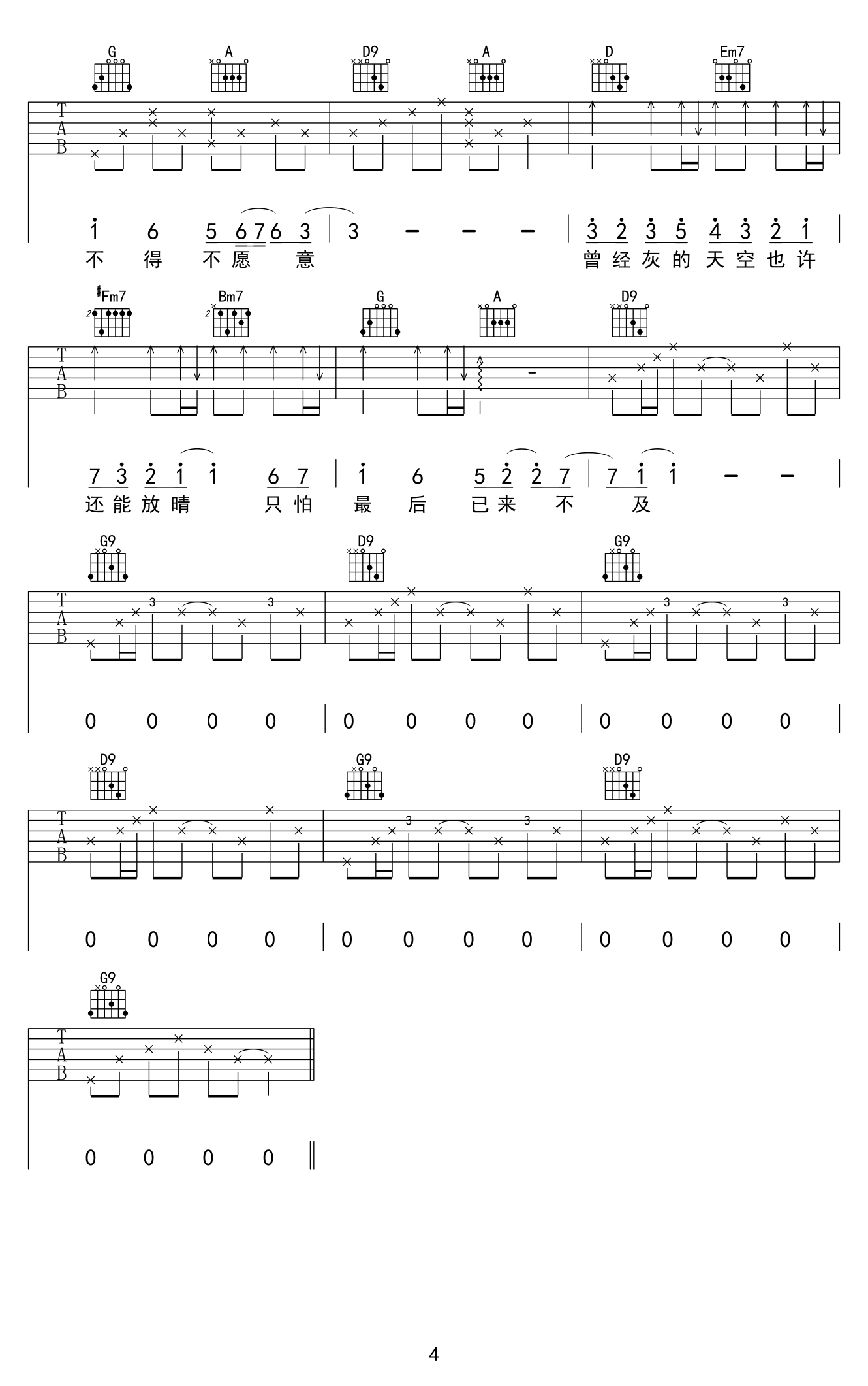 张碧晨不及雨吉他谱,简单高清原版指弹曲谱,张碧晨高清六线乐谱