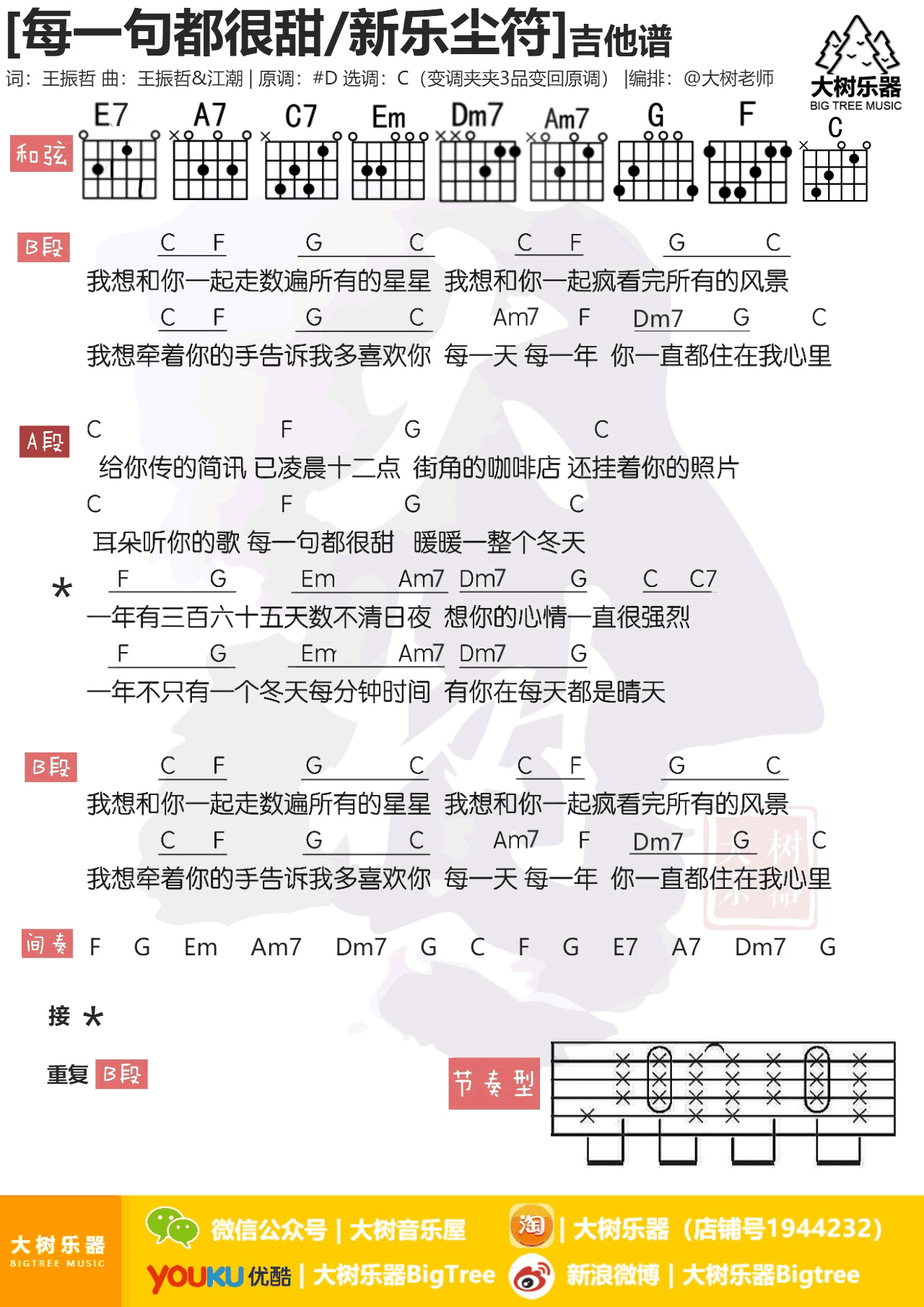 新乐尘符每一句都很甜吉他谱,简单C调原版指弹曲谱,新乐尘符高清六线乐谱