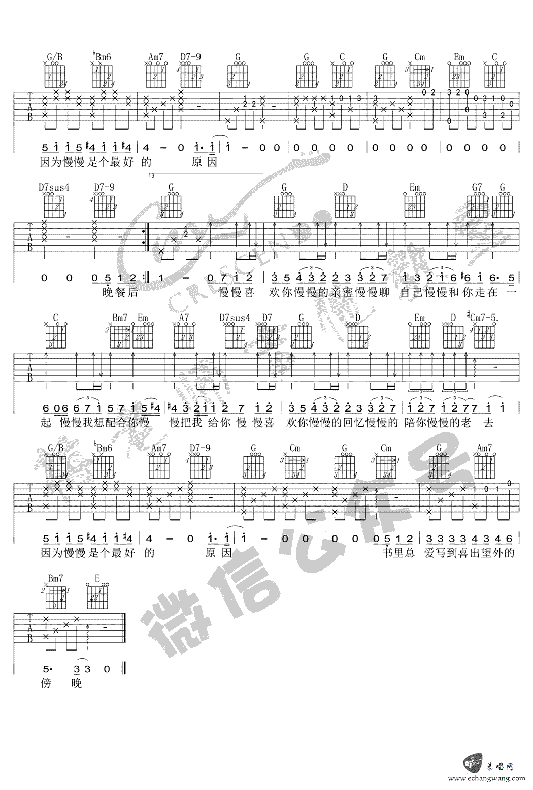 莫文蔚慢慢喜欢你吉他谱,简单李荣原版指弹曲谱,莫文蔚高清六线乐谱