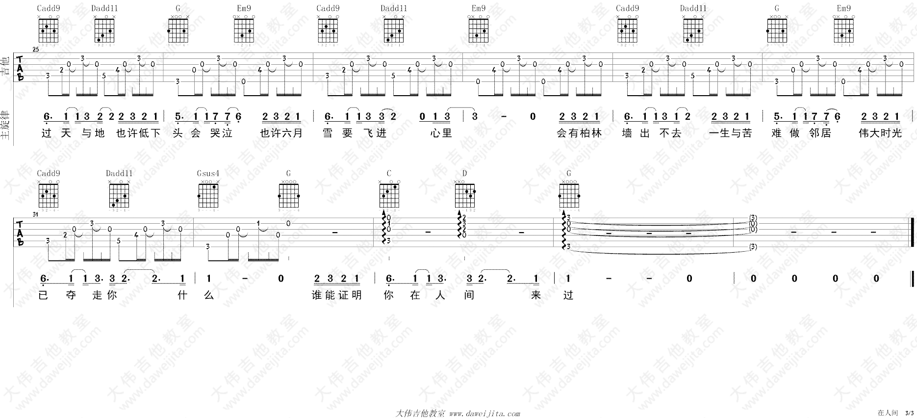 王建房在人间吉他谱,简单高清原版指弹曲谱,王建房高清六线乐谱