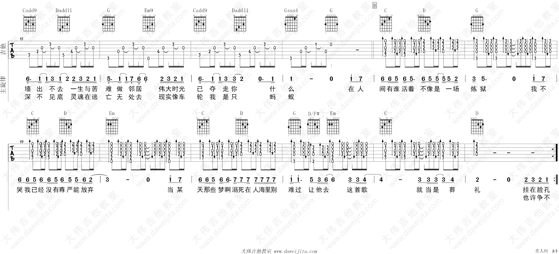 王建房在人间吉他谱,简单高清原版指弹曲谱,王建房高清六线乐谱