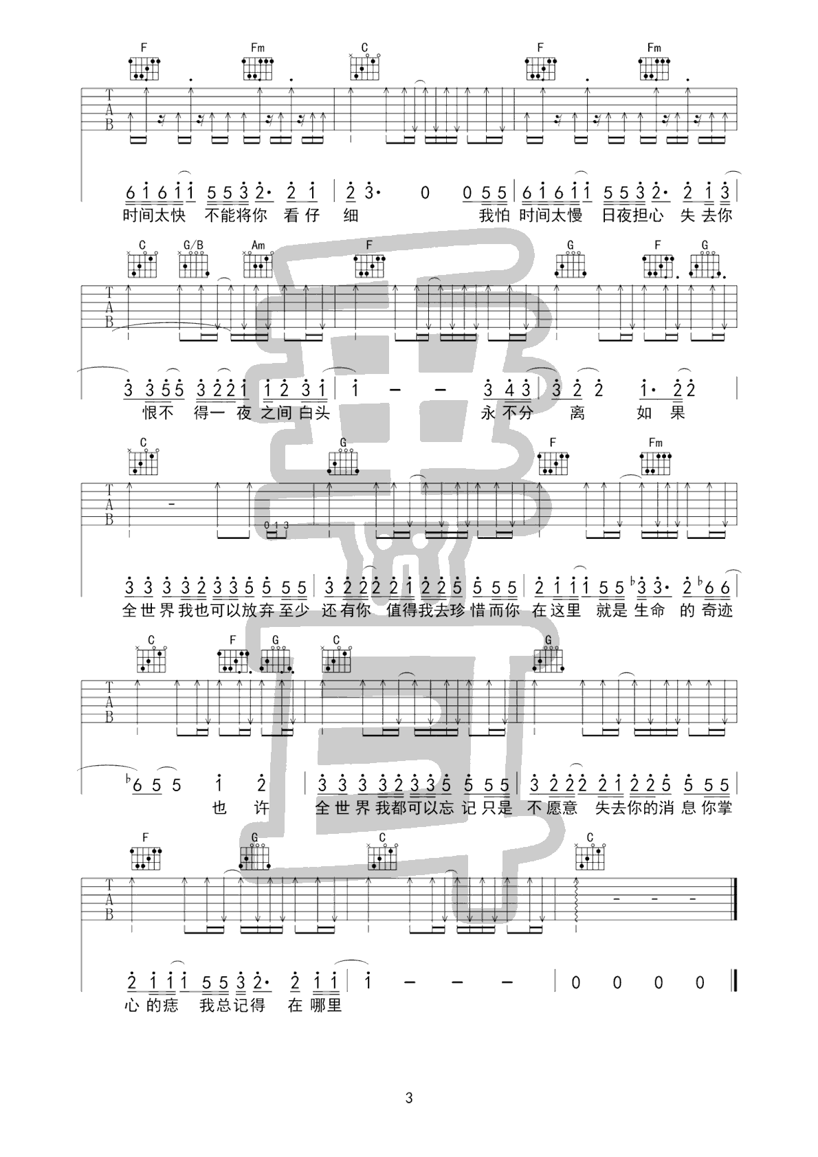 林忆莲至少还有你吉他谱,简单三张原版指弹曲谱,林忆莲高清六线乐谱