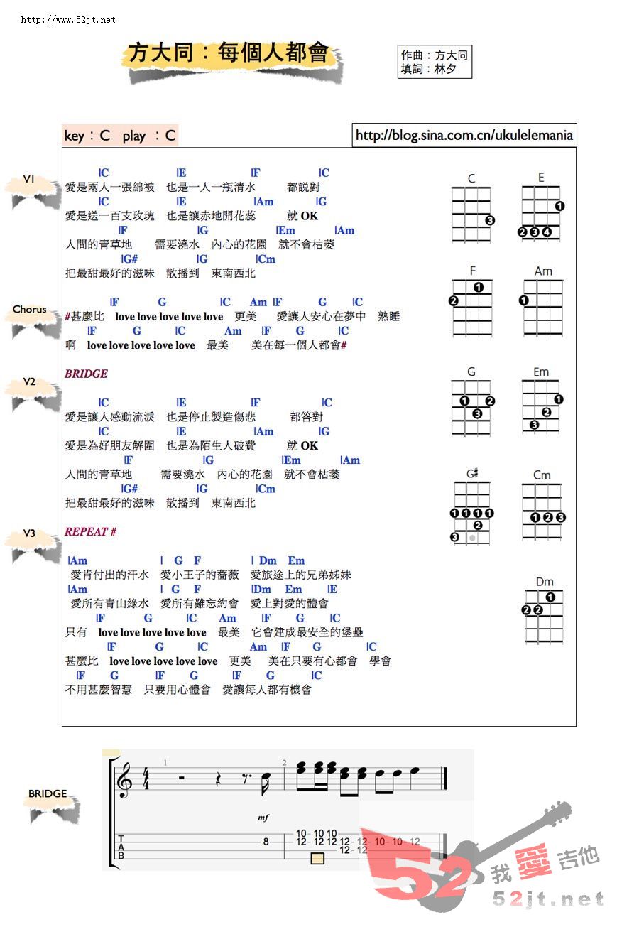 每个人都会吉他谱,简单C调原版指弹曲谱,方大同高清流行弹唱视频六线乐谱