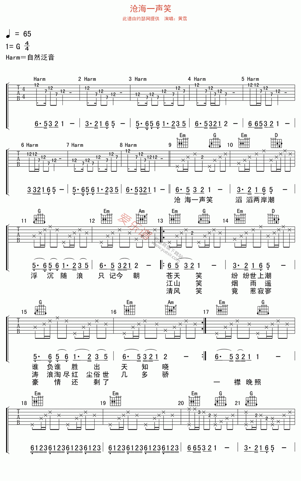 沧海一声笑吉他谱,简单C调原版指弹曲谱,黄霑高清流行弹唱六线乐谱