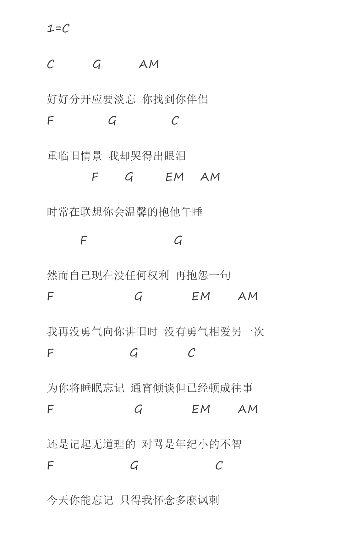 到此为止吉他谱,原版歌曲,简单C调弹唱教学,六线谱指弹简谱1张图