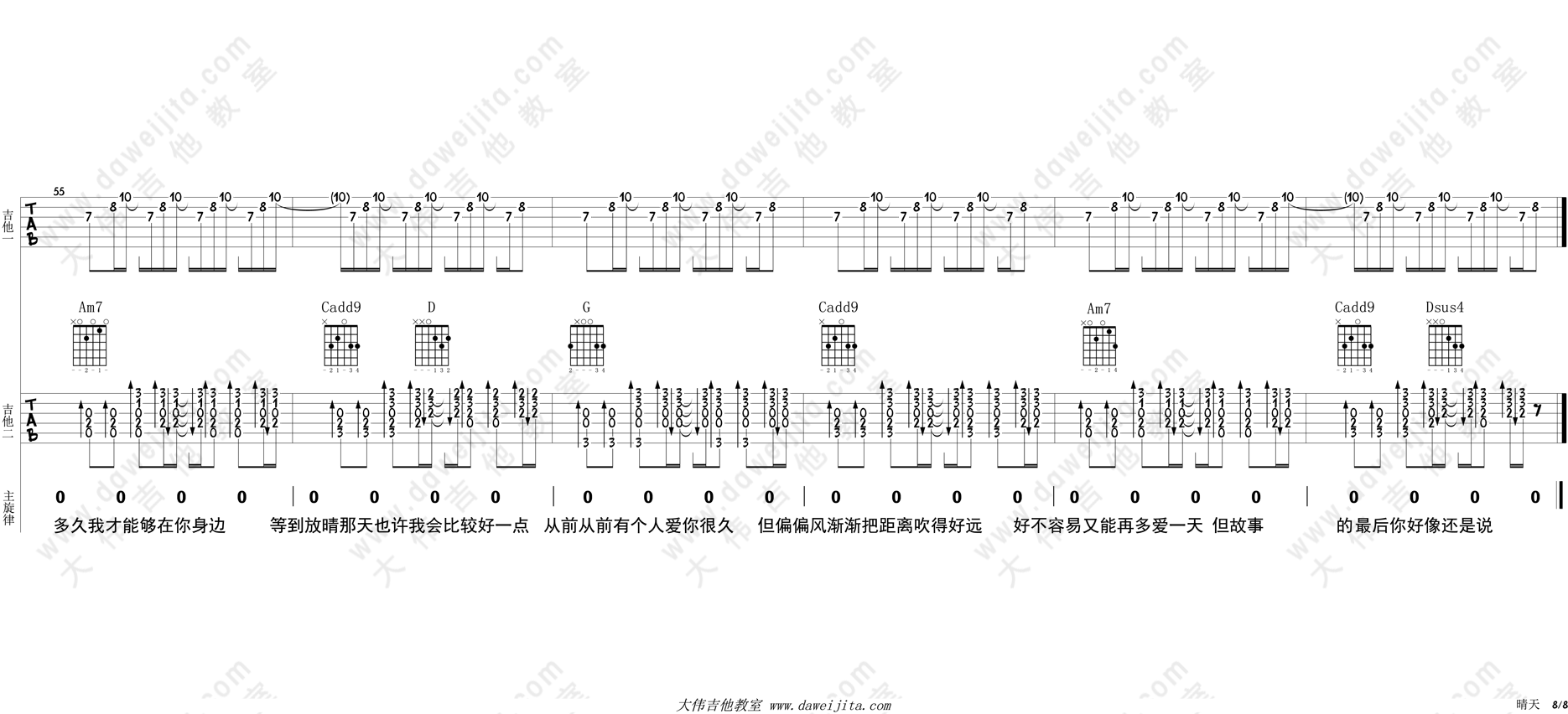 晴天吉他谱,原版歌曲,简单G调弹唱教学,六线谱指弹简谱8张图