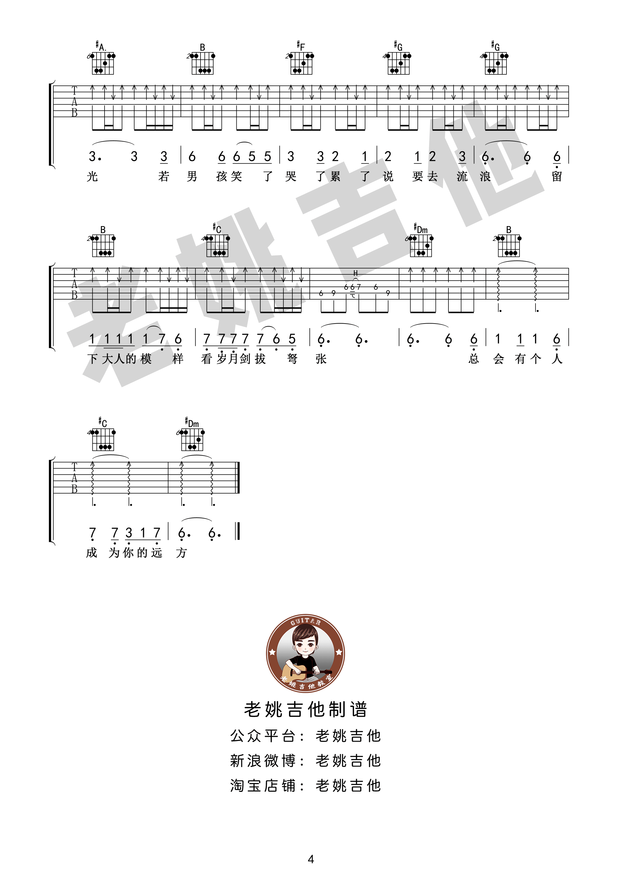 牧马城市吉他谱,原版歌曲,简单F调弹唱教学,六线谱指弹简谱4张图