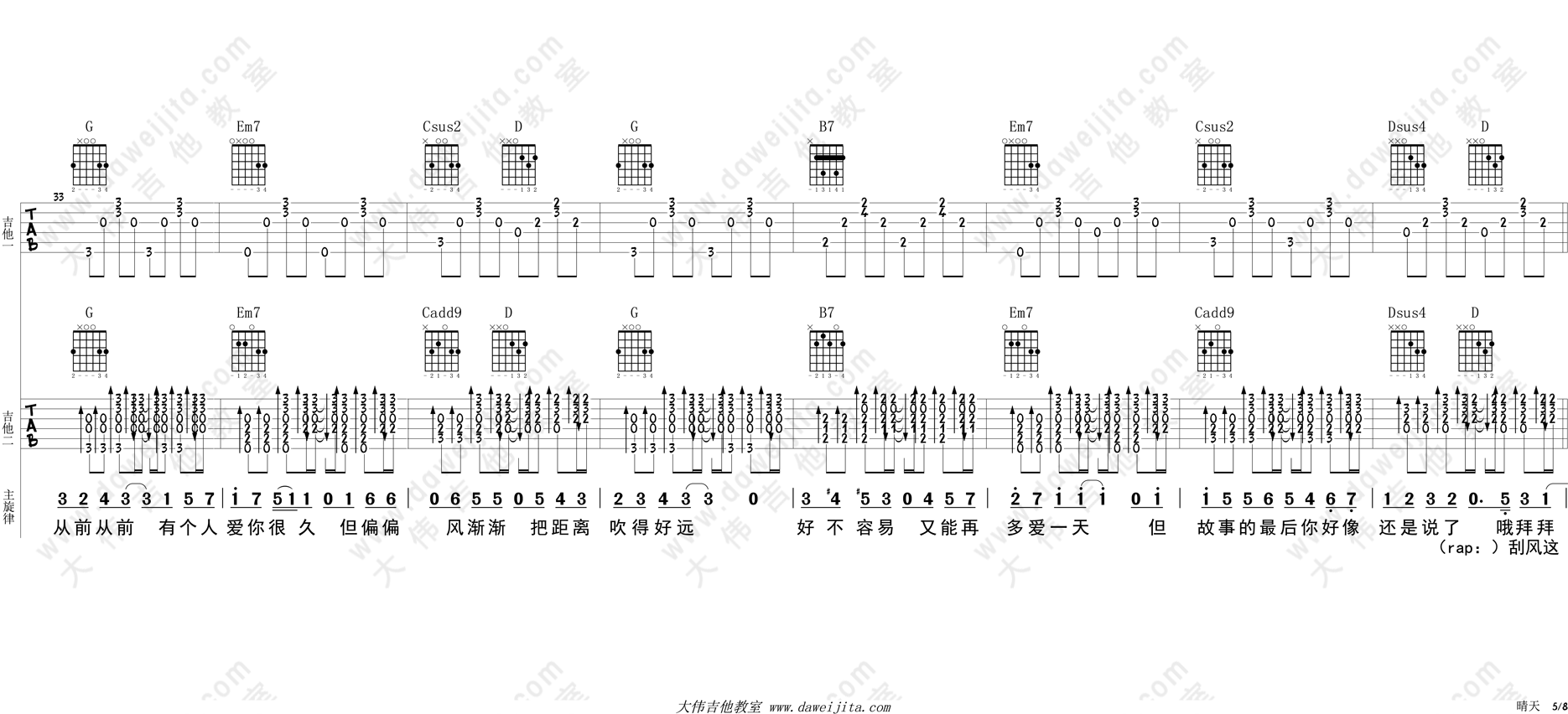 晴天吉他谱,原版歌曲,简单G调弹唱教学,六线谱指弹简谱8张图