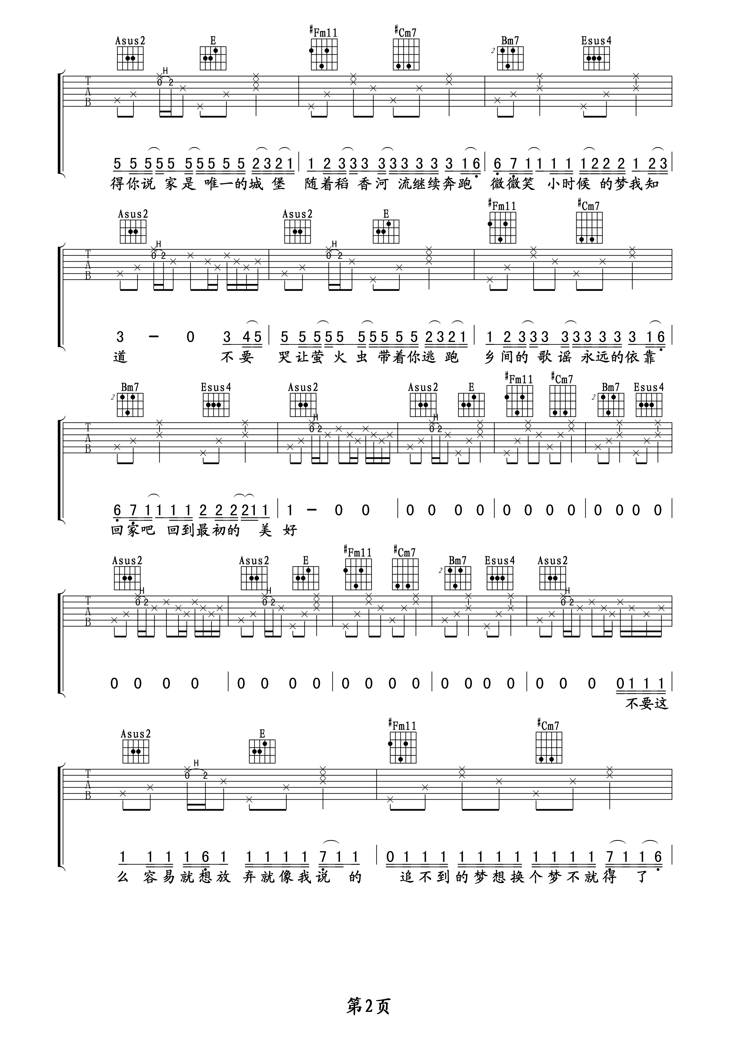 稻香吉他谱,原版歌曲,简单A调弹唱教学,六线谱指弹简谱4张图