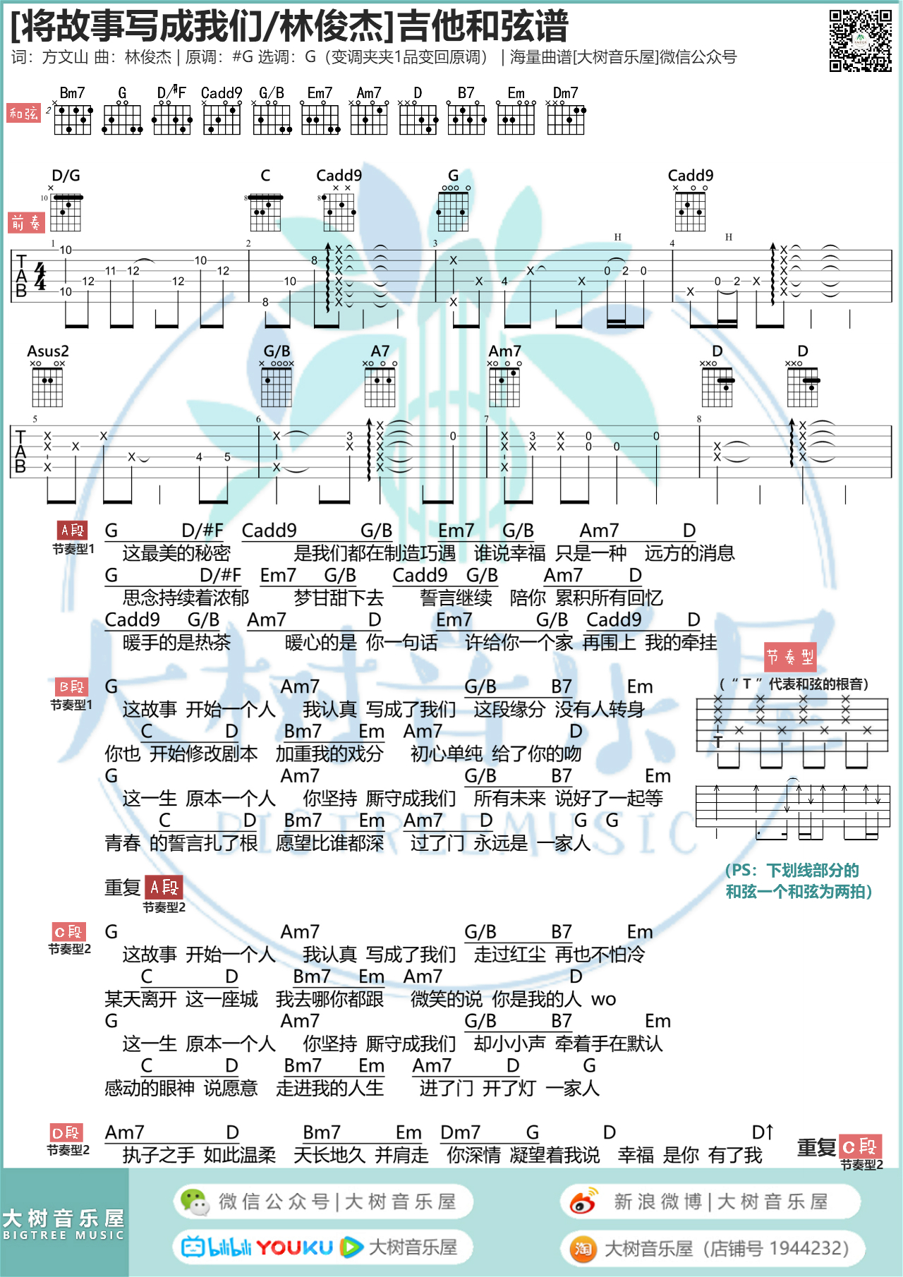 将故事写成我们吉他谱,简单#G原版指弹曲谱,林俊杰高清流行弹唱六线乐谱