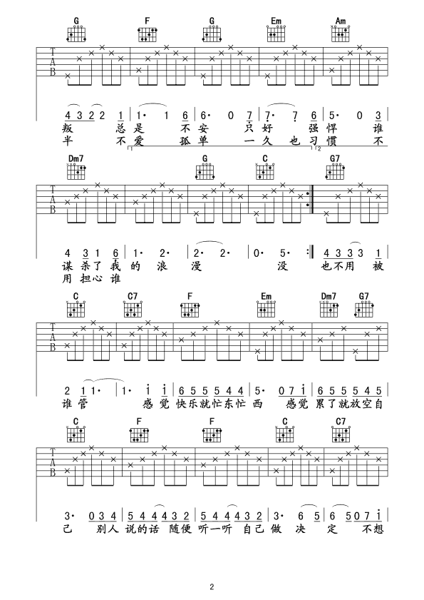 没那么简单吉他谱,原版歌曲,简单F调弹唱教学,六线谱指弹简谱4张图
