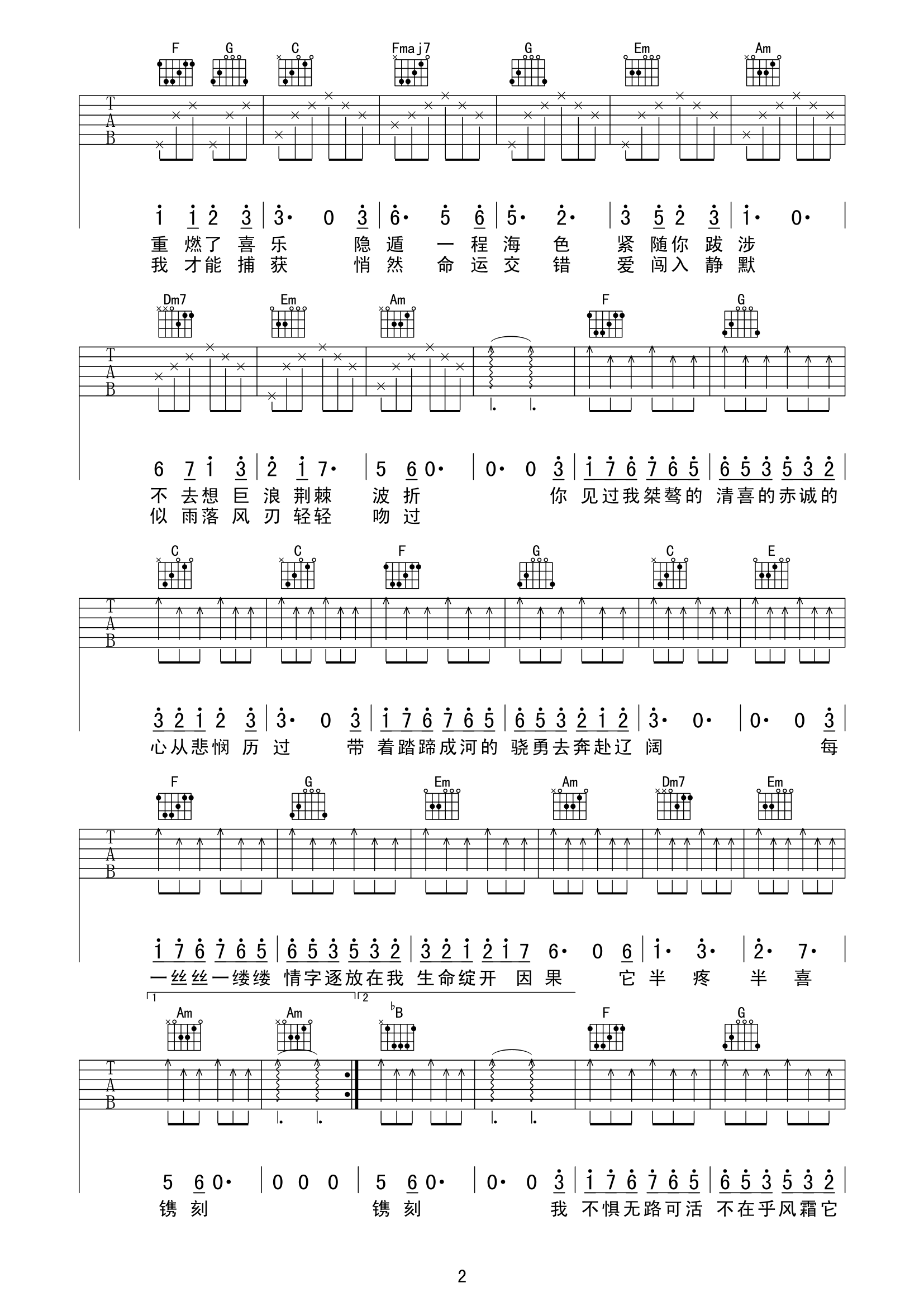 镌刻吉他谱,原版歌曲,简单C调弹唱教学,六线谱指弹简谱2张图