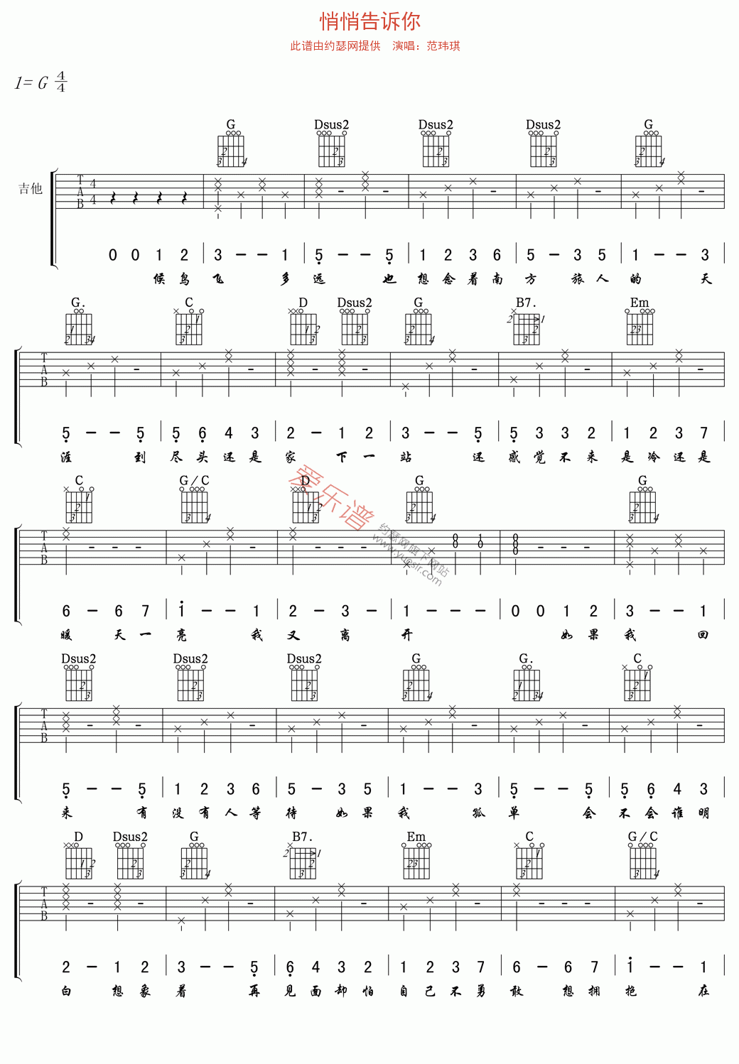 悄悄告诉你吉他谱,简单C调原版指弹曲谱,范玮琪高清流行弹唱六线乐谱
