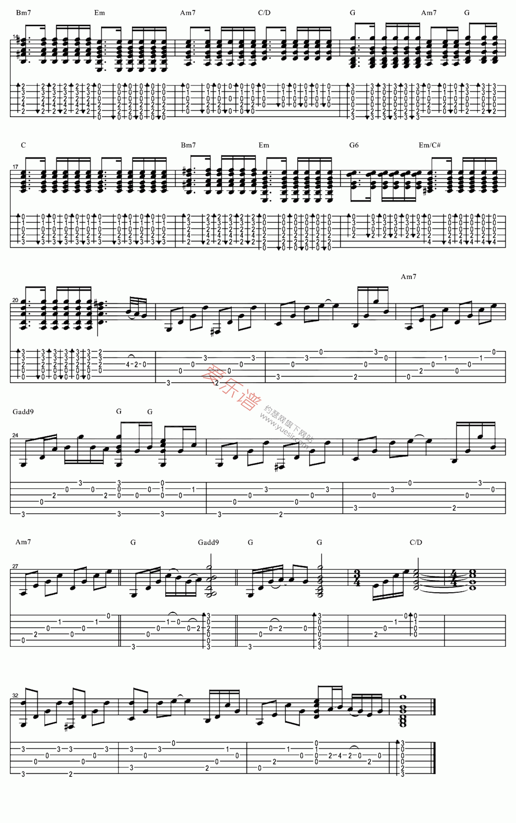 撕夜吉他谱,简单C调原版指弹曲谱,阿杜高清独奏版六线乐谱