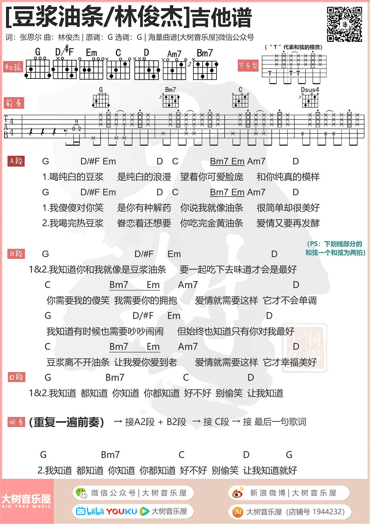 星晴吉他谱,简单G调原版指弹曲谱,周杰伦高清流行弹唱弹唱教学六线乐谱