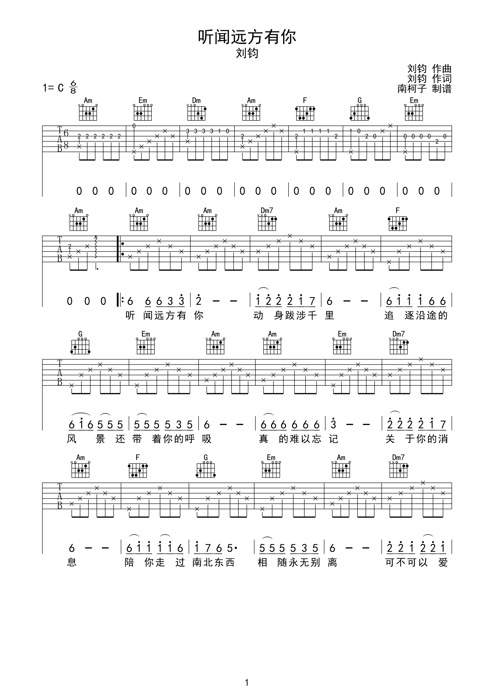 听闻远方有你吉他谱,原版歌曲,简单C调弹唱教学,六线谱指弹简谱2张图