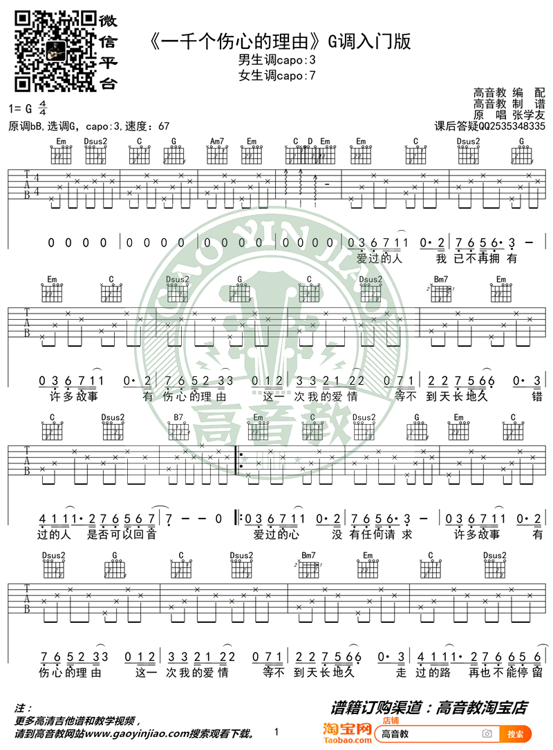 一千个伤心的理由吉他谱,简单C调原版指弹曲谱,张学友高清六线乐谱