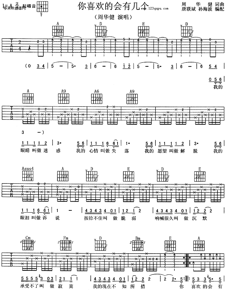 你喜欢的会有几个吉他谱,原版歌曲,简单未知调弹唱教学,六线谱指弹简谱2张图