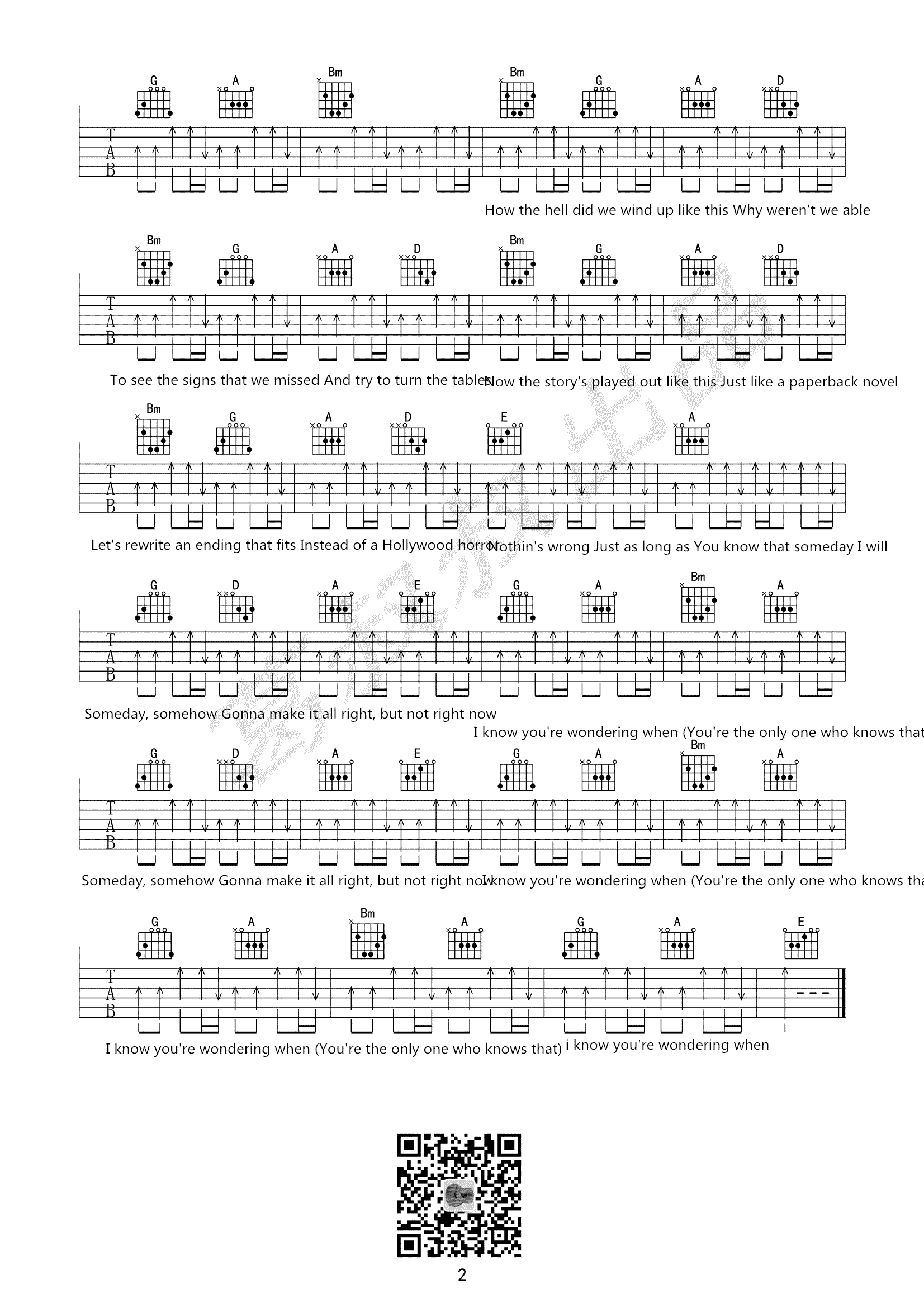 Someday吉他谱,简单B调原版指弹曲谱,Nickelback高清六线乐谱