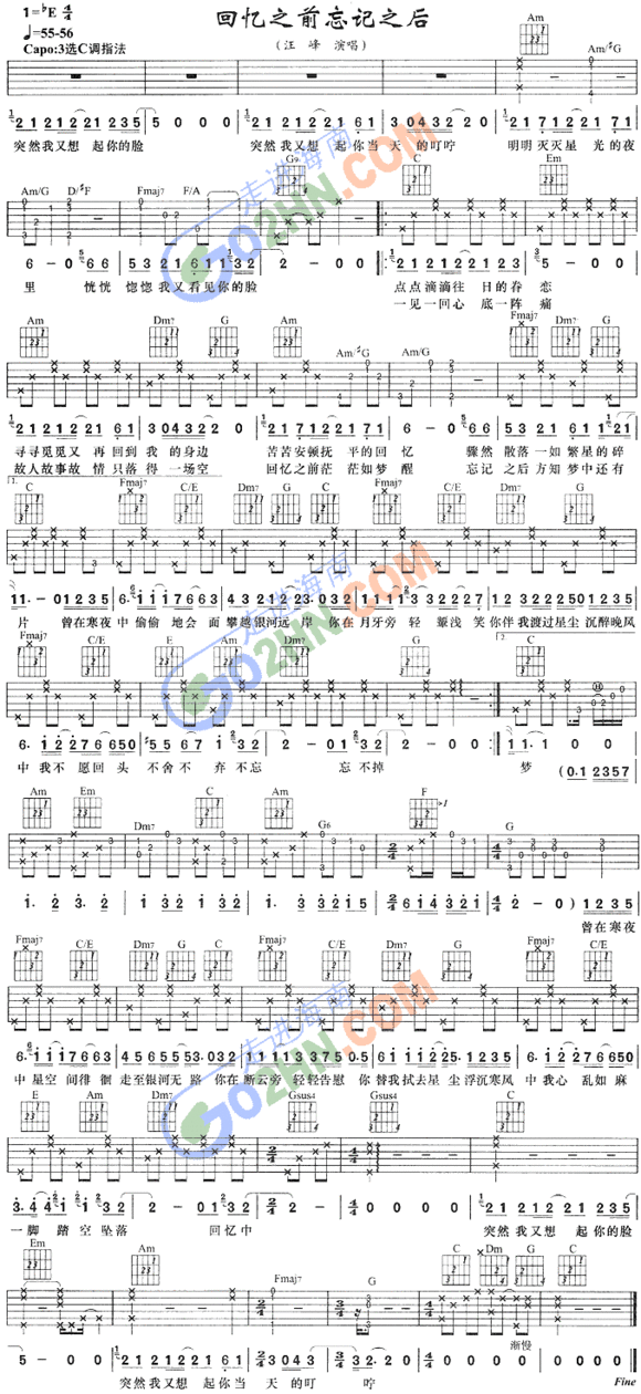 回忆之前忘记之后吉他谱,原版歌曲,简单未知调弹唱教学,六线谱指弹简谱1张图