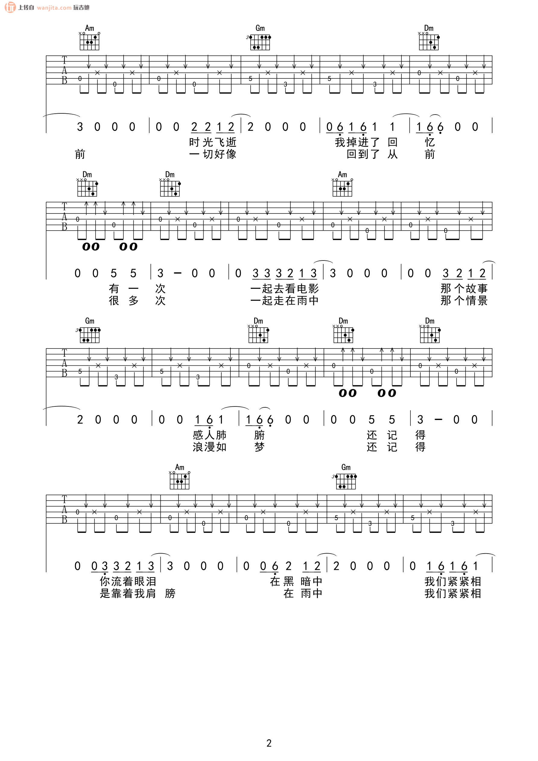 在雨中吉他谱,原版歌曲,简单未知调弹唱教学,六线谱指弹简谱2张图