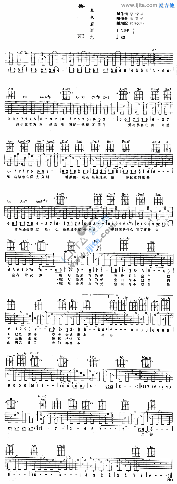 黑雨吉他谱,C调高清简单谱教学简谱,莫文蔚六线谱原版六线谱图片