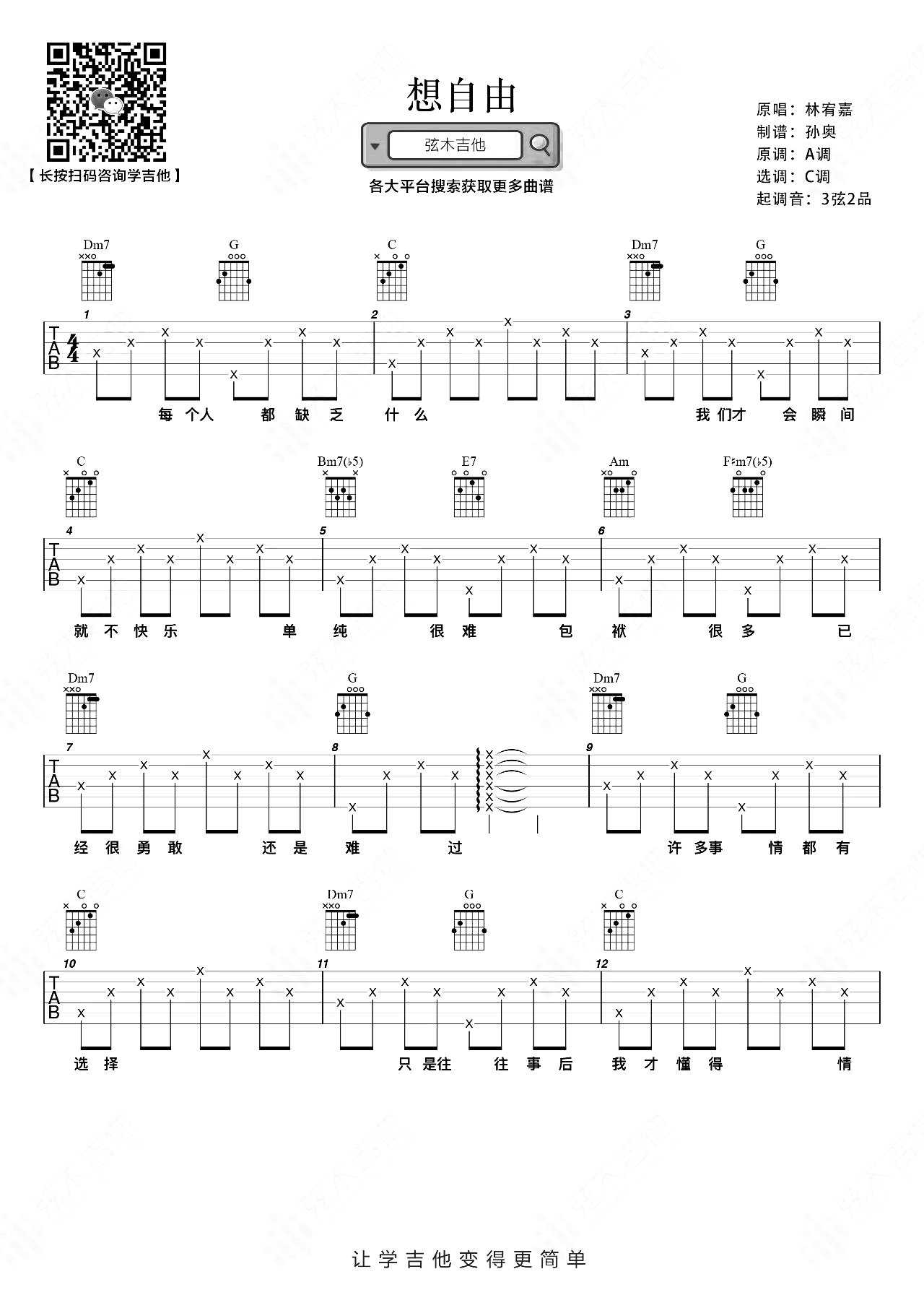 想自由吉他谱,原版歌曲,简单C调弹唱教学,六线谱指弹简谱2张图