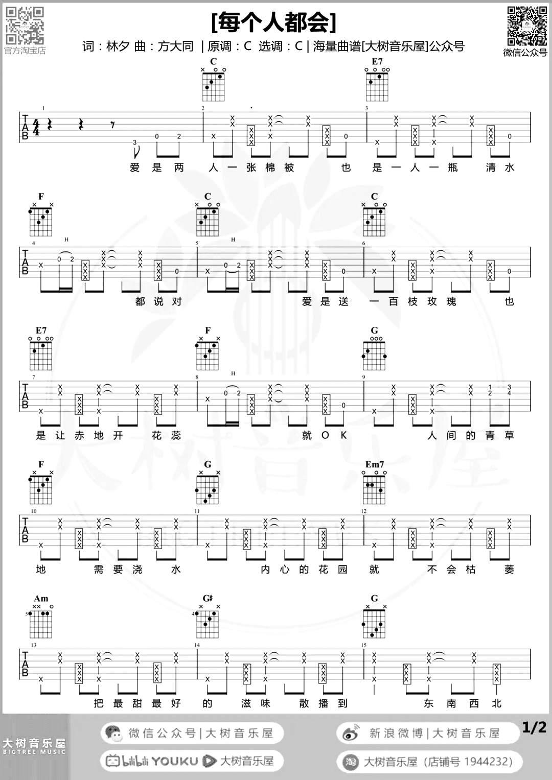 每个人都会吉他谱,原版歌曲,简单C调弹唱教学,六线谱指弹简谱2张图