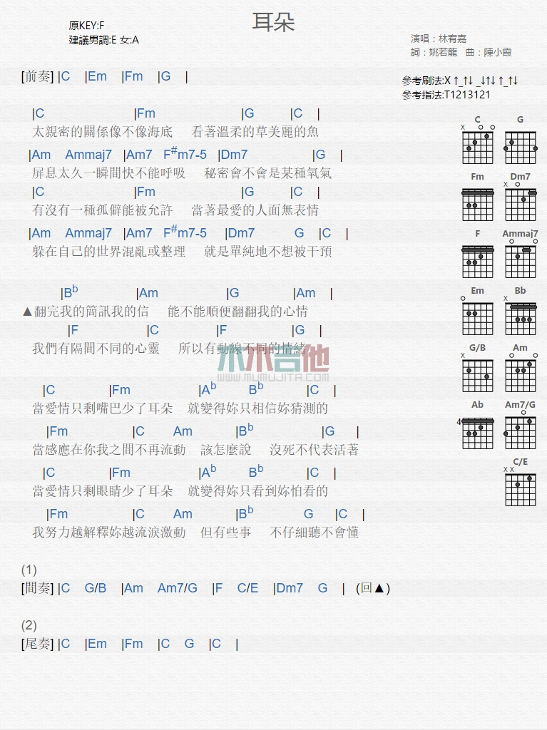 耳朵吉他谱,C调高清简单谱教学简谱,林宥嘉六线谱原版六线谱图片