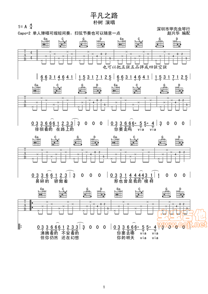 平凡之路吉他谱,C调完整吉他弹唱谱高清简单谱教学简谱,朴树六线谱原版六线谱图片