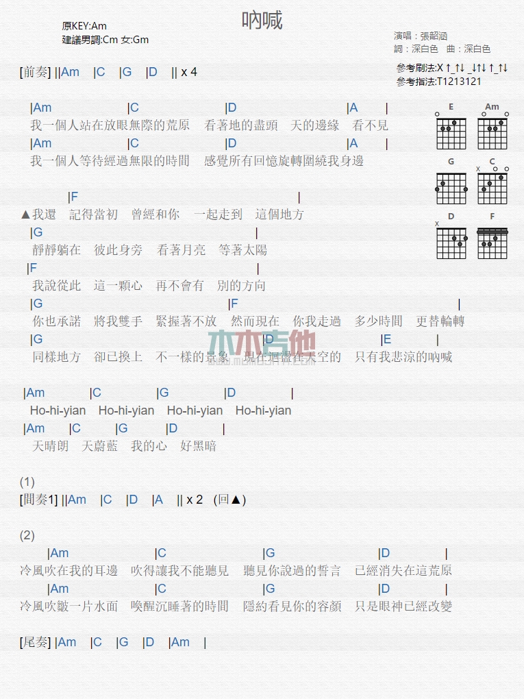 呐喊吉他谱,C调高清简单谱教学简谱,张韶涵六线谱原版六线谱图片