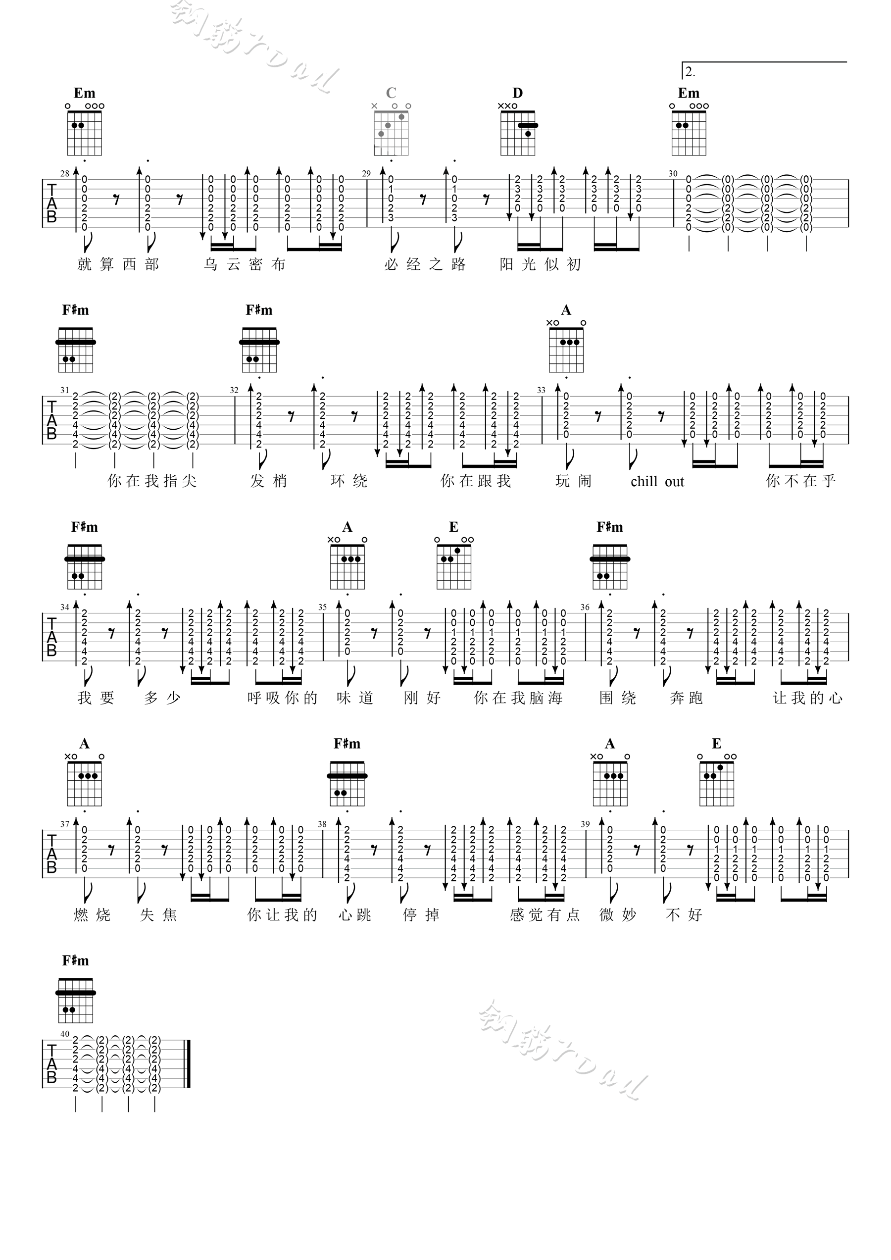 环绕吉他谱,原版歌曲,简单G调弹唱教学,六线谱指弹简谱3张图