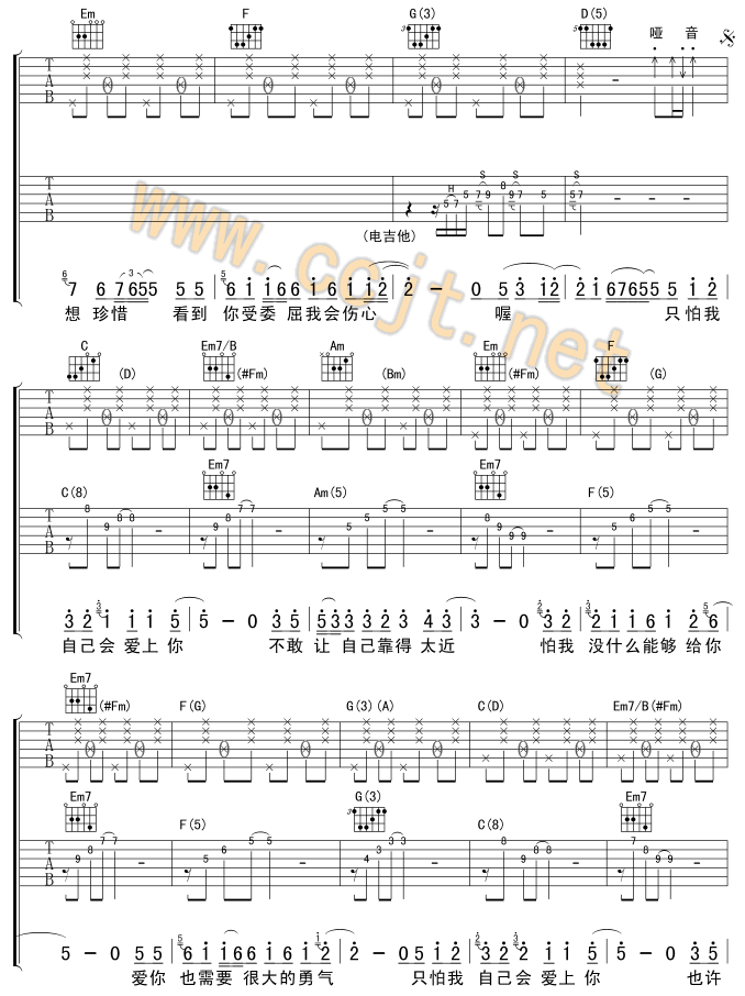 情非得已吉他谱,C调版本一高清简单谱教学简谱,庾澄庆六线谱原版六线谱图片