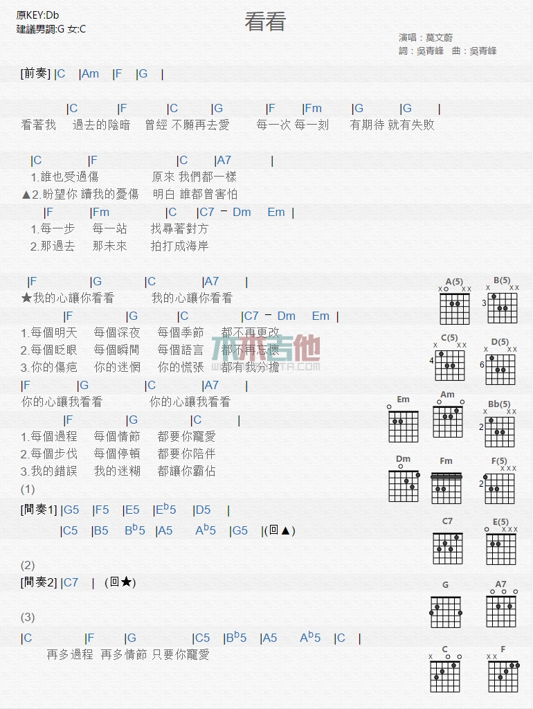 看看吉他谱,C调高清简单谱教学简谱,莫文蔚六线谱原版六线谱图片