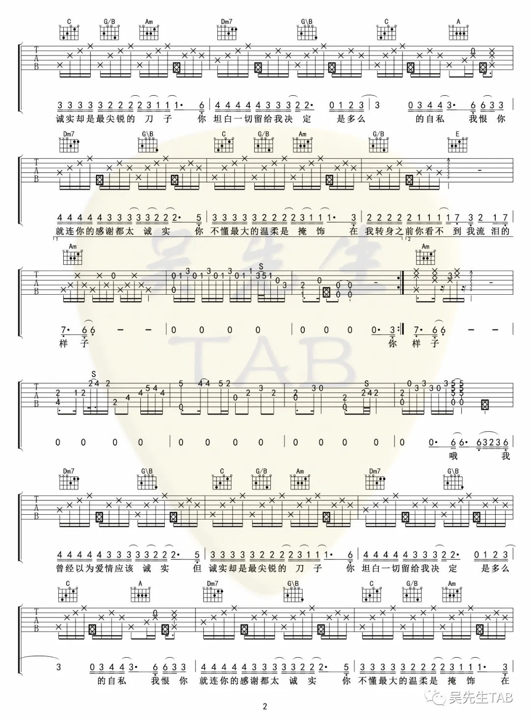 你太诚实吉他谱,原版歌曲,简单C调弹唱教学,六线谱指弹简谱3张图