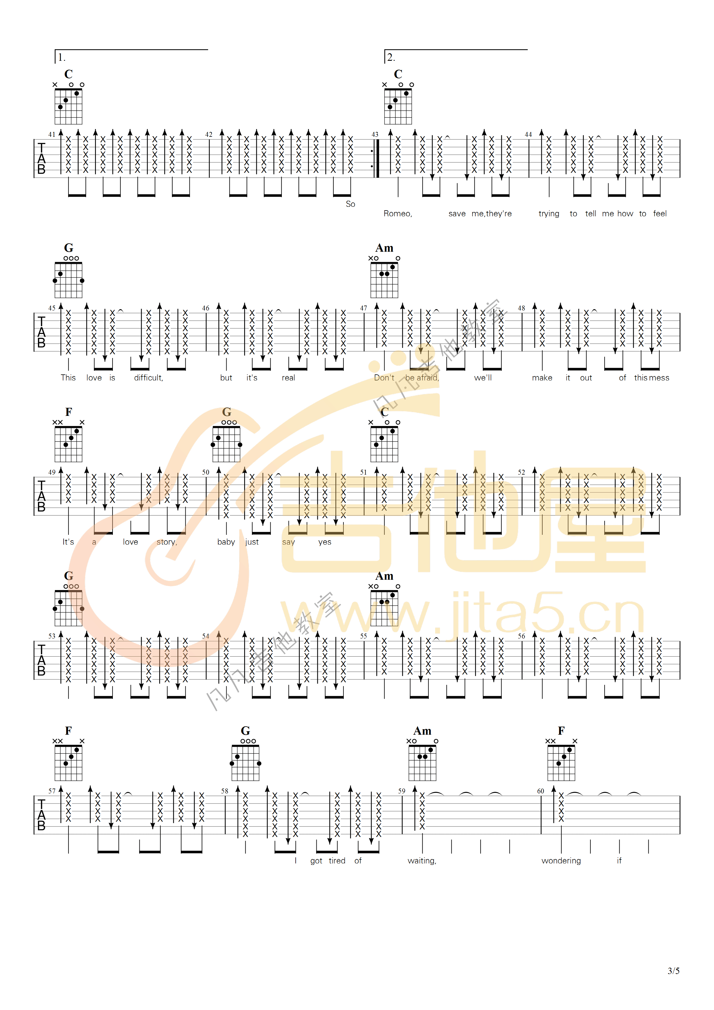 LoveStory吉他谱,原版歌曲,简单C调弹唱教学,六线谱指弹简谱5张图