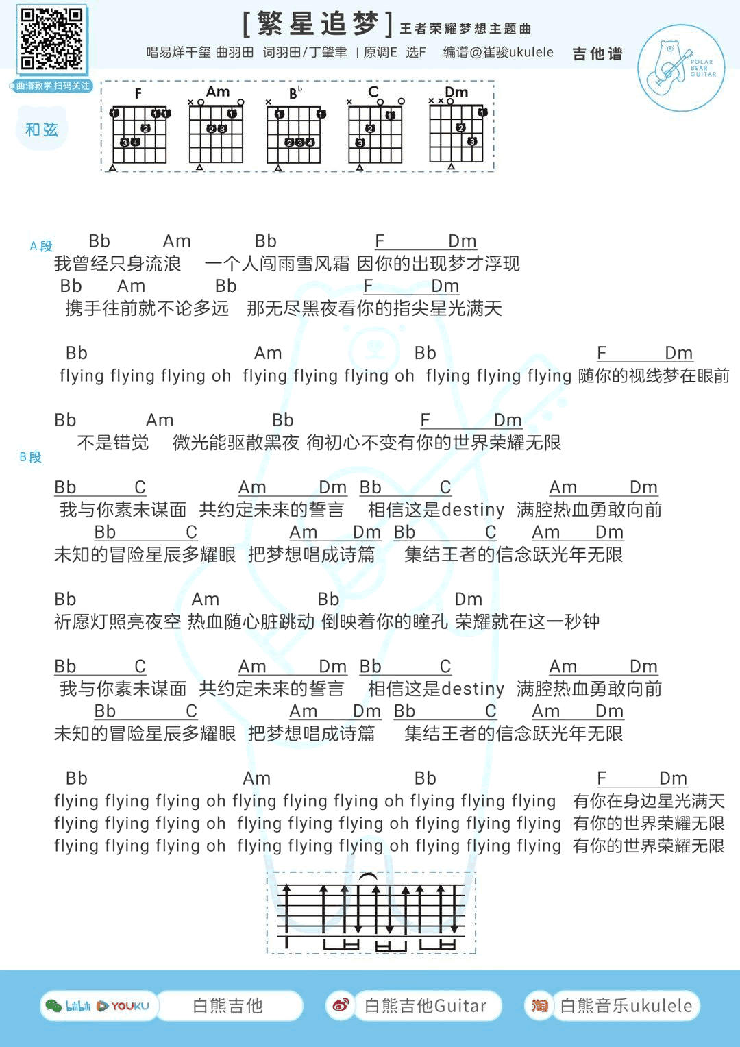 繁星追梦吉他谱,原版歌曲,简单F调弹唱教学,六线谱指弹简谱1张图