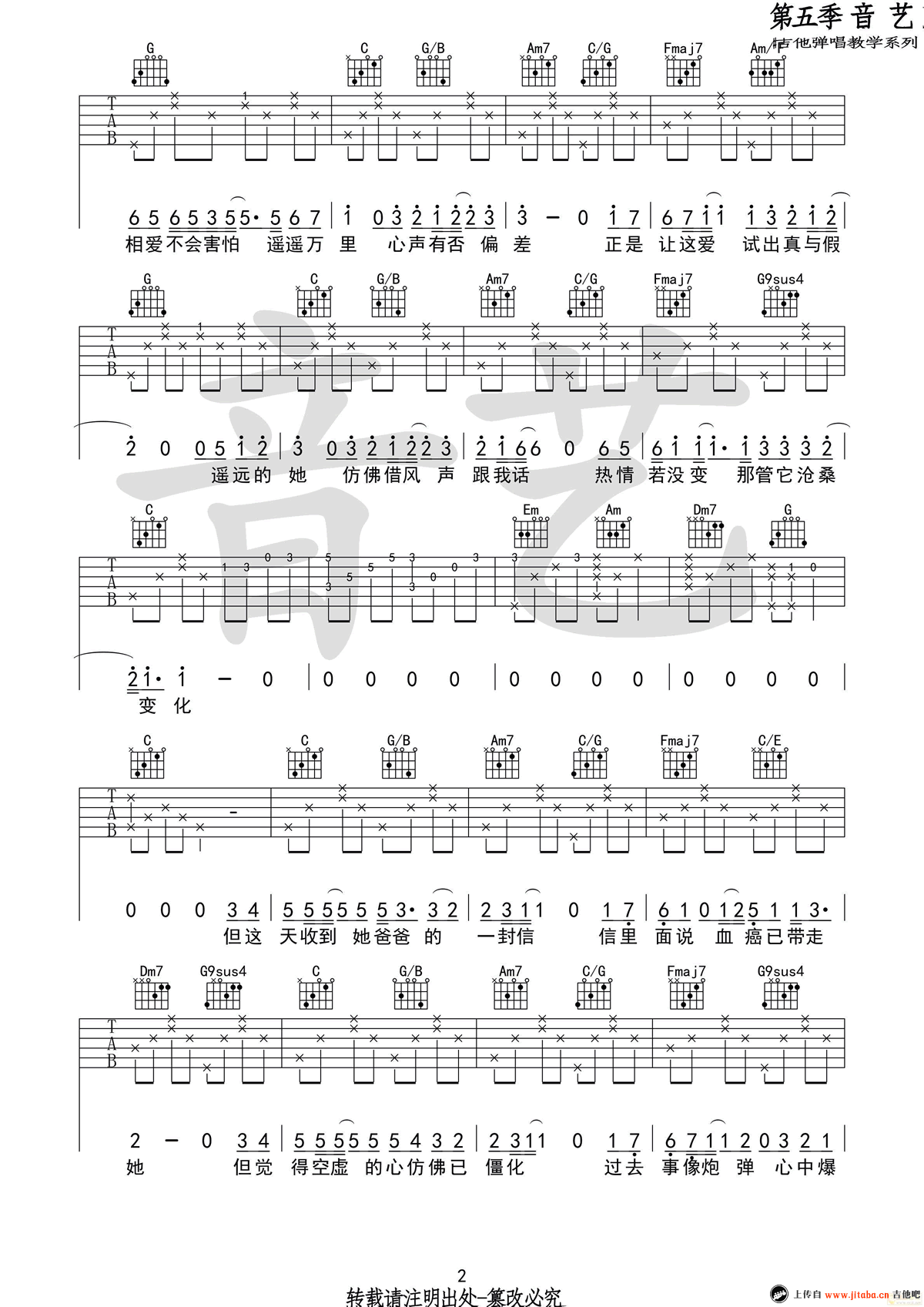遥远的她吉他谱,C调C调指法编配简单高清版教学简谱,张学友六线谱原版六线谱图片