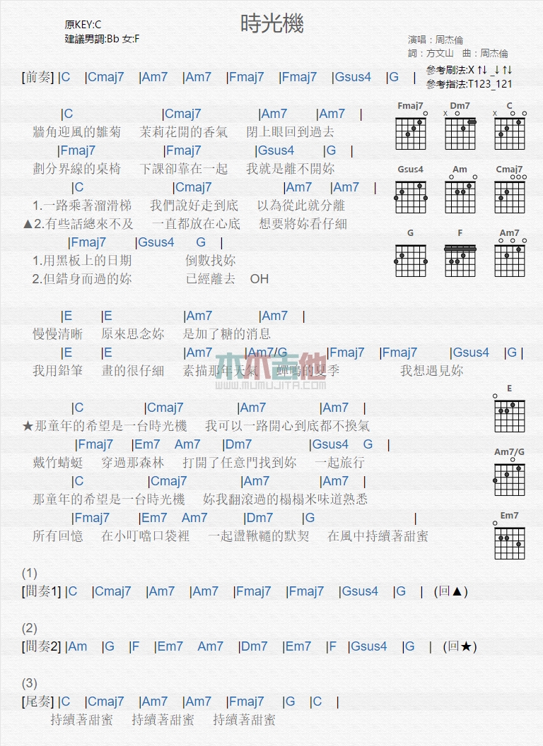 时光机吉他谱,C调高清简单谱教学简谱,周杰伦六线谱原版六线谱图片