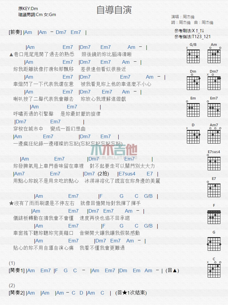 自导自演吉他谱,C调高清简单谱教学简谱,周杰伦六线谱原版六线谱图片